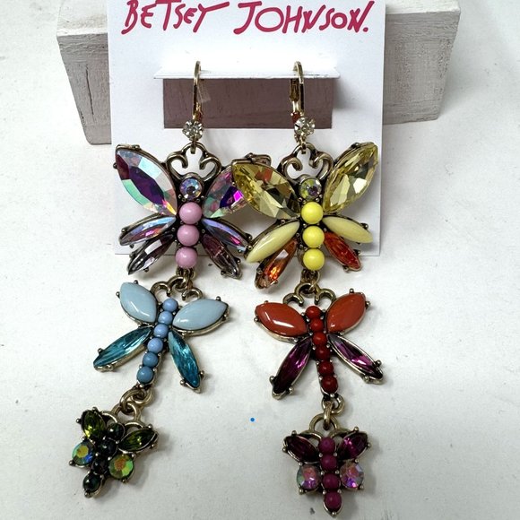 Betsey Johnson Sparkling Rhinestone Butterfly Pierced Earrings Dangle NWT - Picture 5 of 5